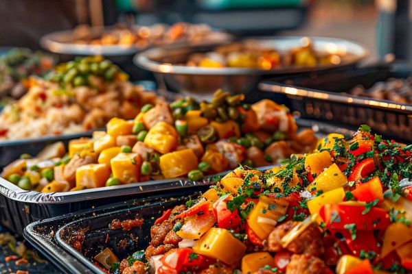 Close-up of colorful grilled vegetables and meats in trays.