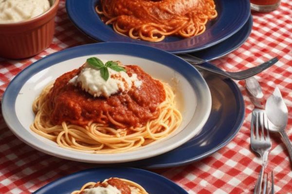 Spaghetti with marinara sauce and a dollop of ricotta cheese.
